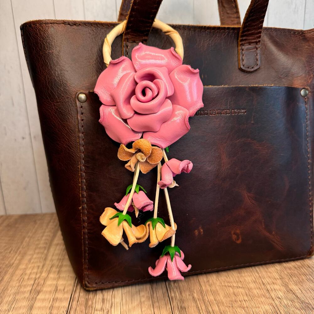 Leather Light Pink Rose Purse Charm Genuine Leather Rose Flower Bag Charm